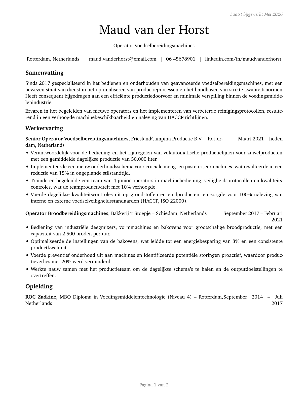 Food Cooking Machine Operators and Tenders CV in Dutch — page 1