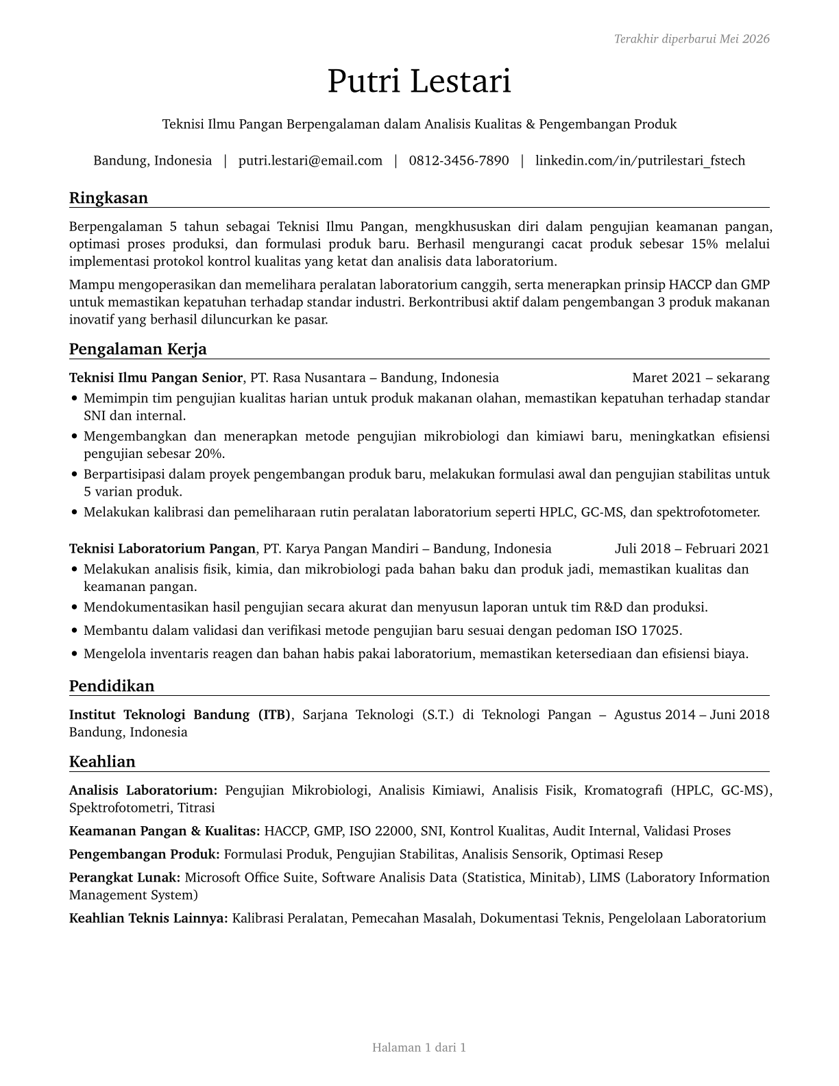 Food Science Technicians CV in Indonesian — page 1