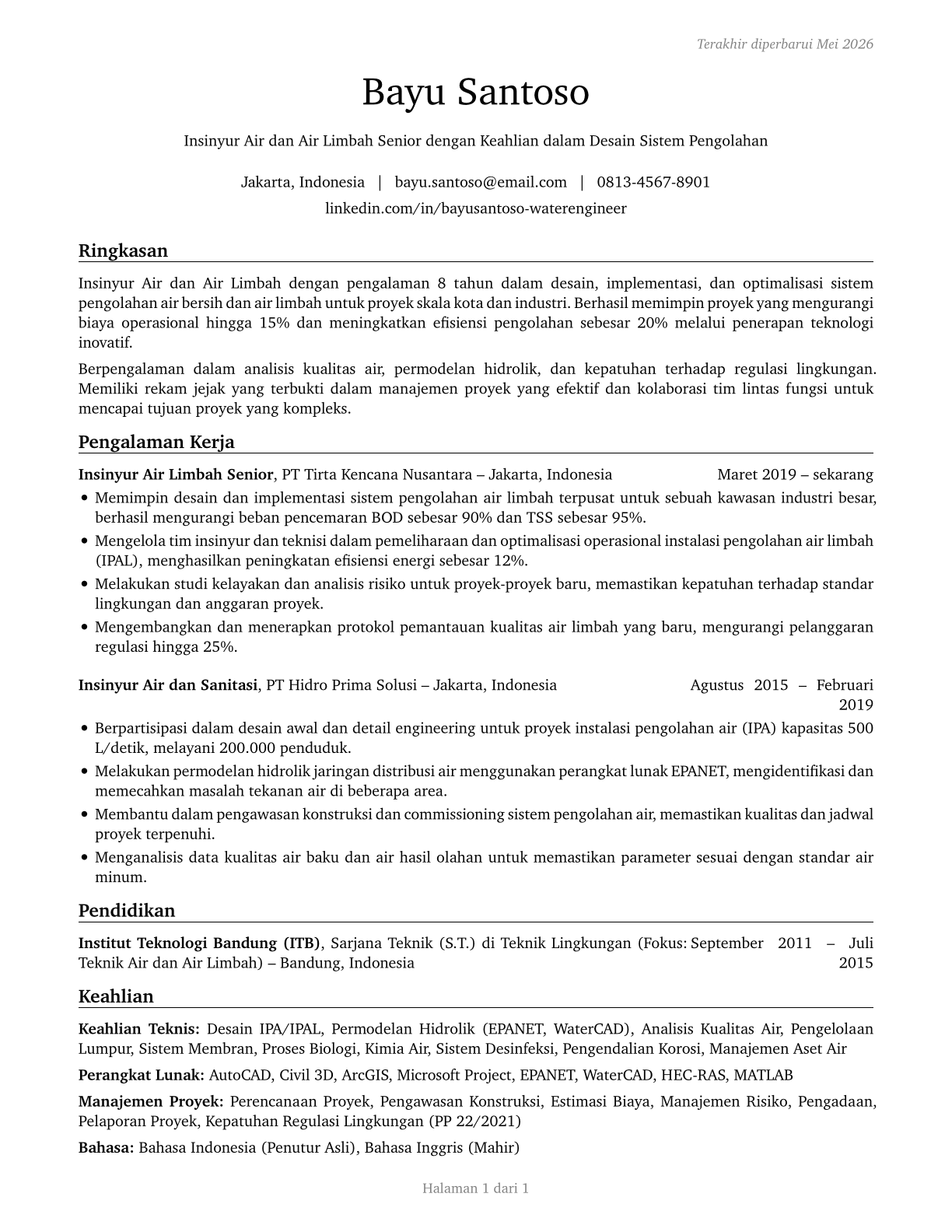 Water/Wastewater Engineers CV in Indonesian — page 1