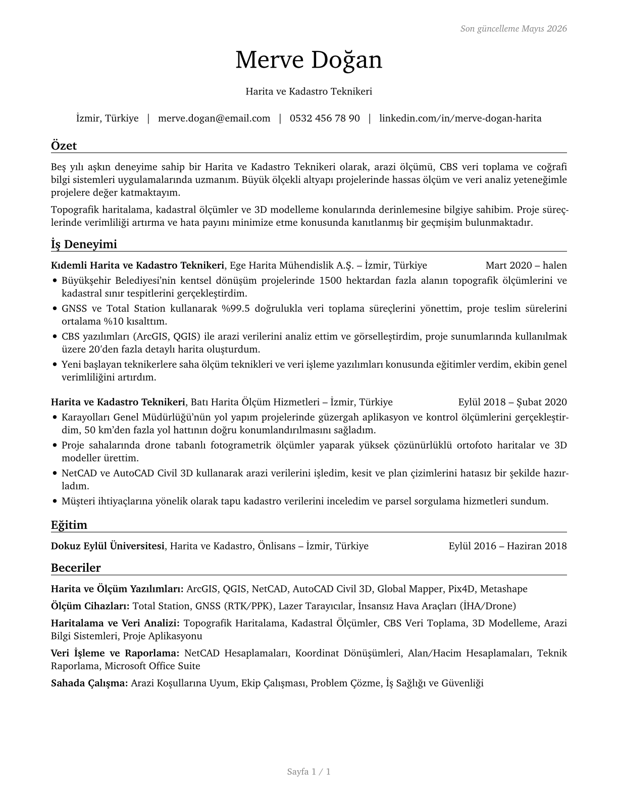 Surveying and Mapping Technicians CV in Turkish — page 1
