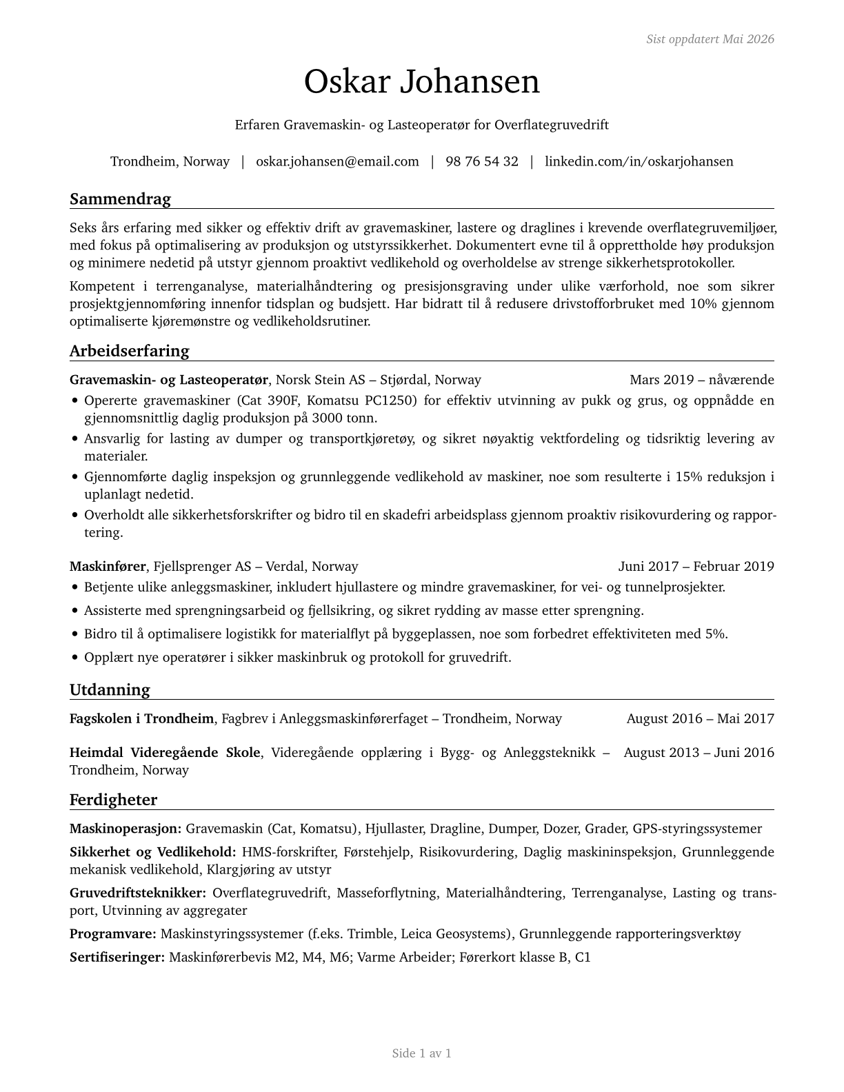 Excavating and Loading Machine and Dragline Operators, Surface Mining CV in Norwegian_bokmal — page 1