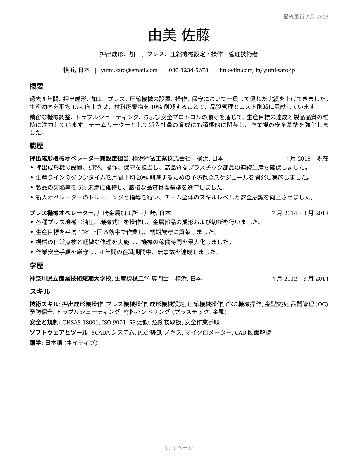 Extruding, Forming, Pressing, and Compacting Machine Setters, Operators, and Tenders CV in Japanese — page 1
