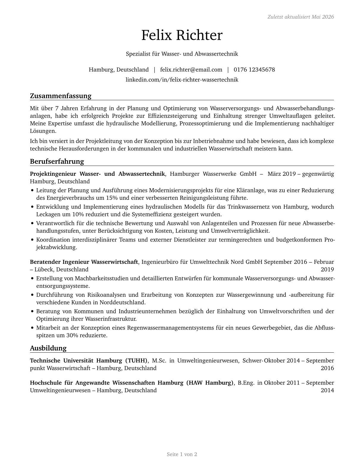 Water/Wastewater Engineers CV in German — page 1