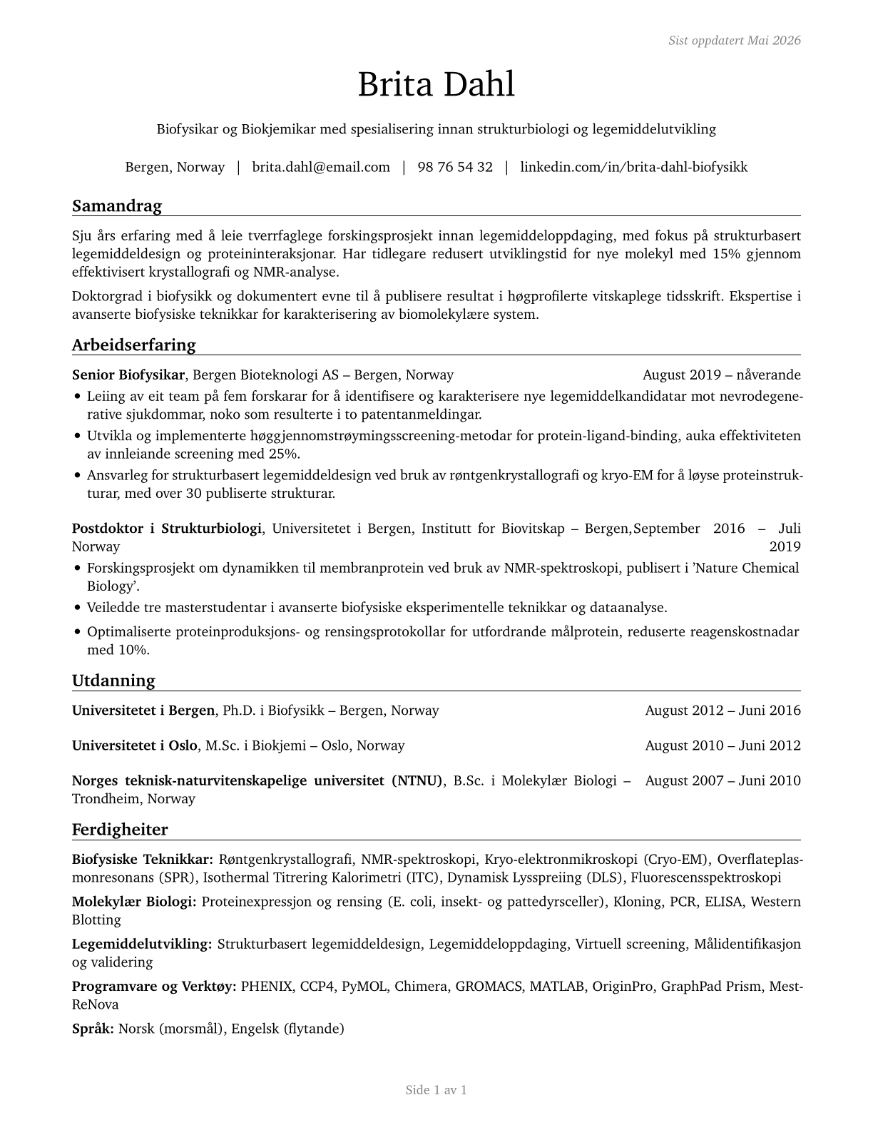Biochemists and Biophysicists CV in Norwegian_nynorsk — page 1