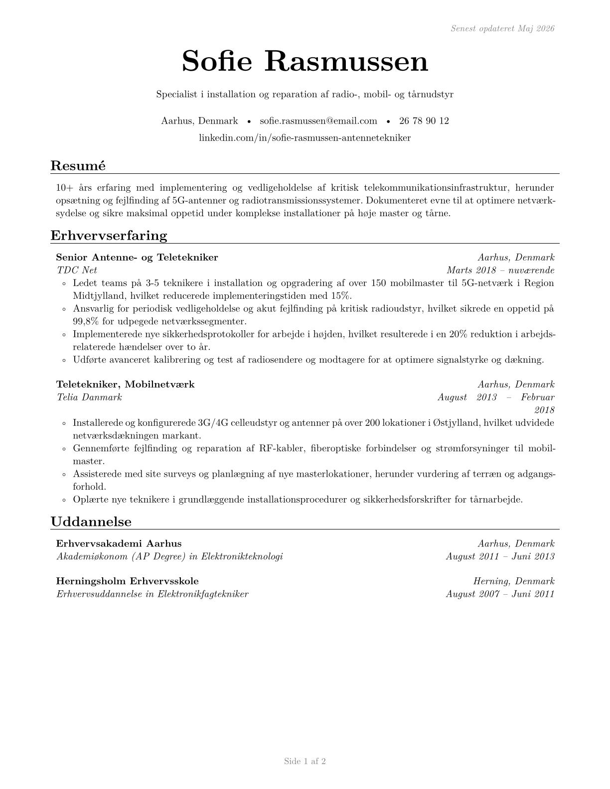 Radio, Cellular, and Tower Equipment Installers and Repairers CV in Danish — page 1