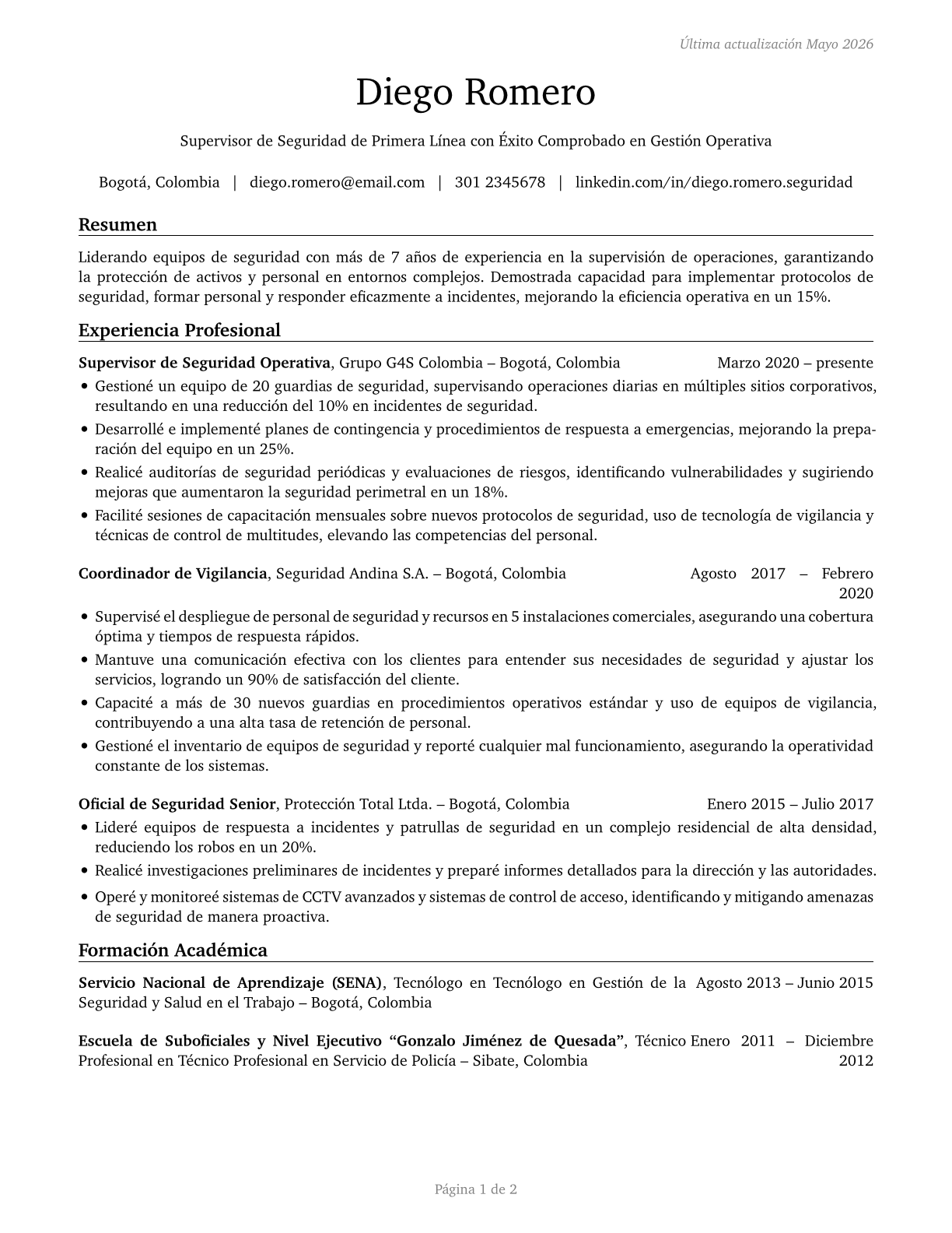 First-Line Supervisors of Security Workers CV in Spanish — page 1