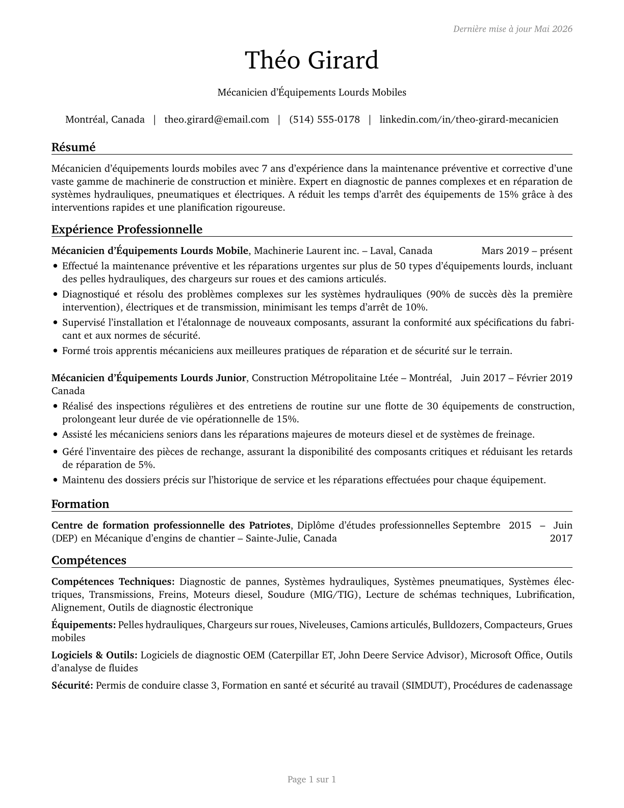 Mobile Heavy Equipment Mechanics, Except Engines CV in French — page 1
