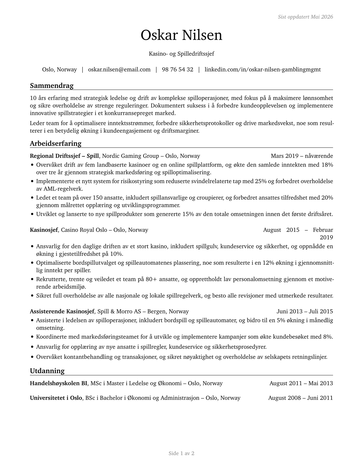 Gambling Managers CV in Norwegian_bokmal — page 1