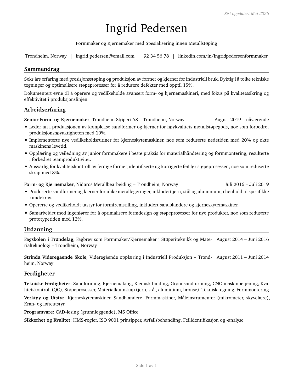 Foundry Mold and Coremakers CV in Norwegian_bokmal — page 1