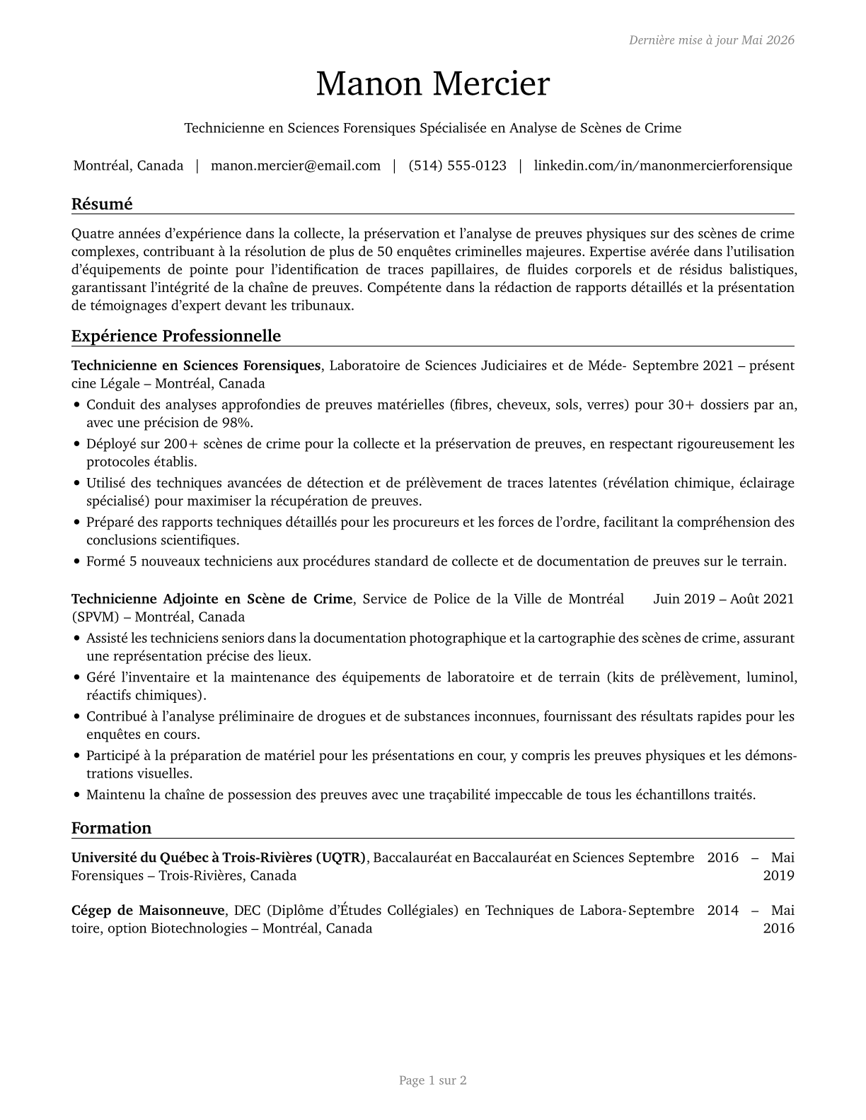 Forensic Science Technicians CV in French — page 1