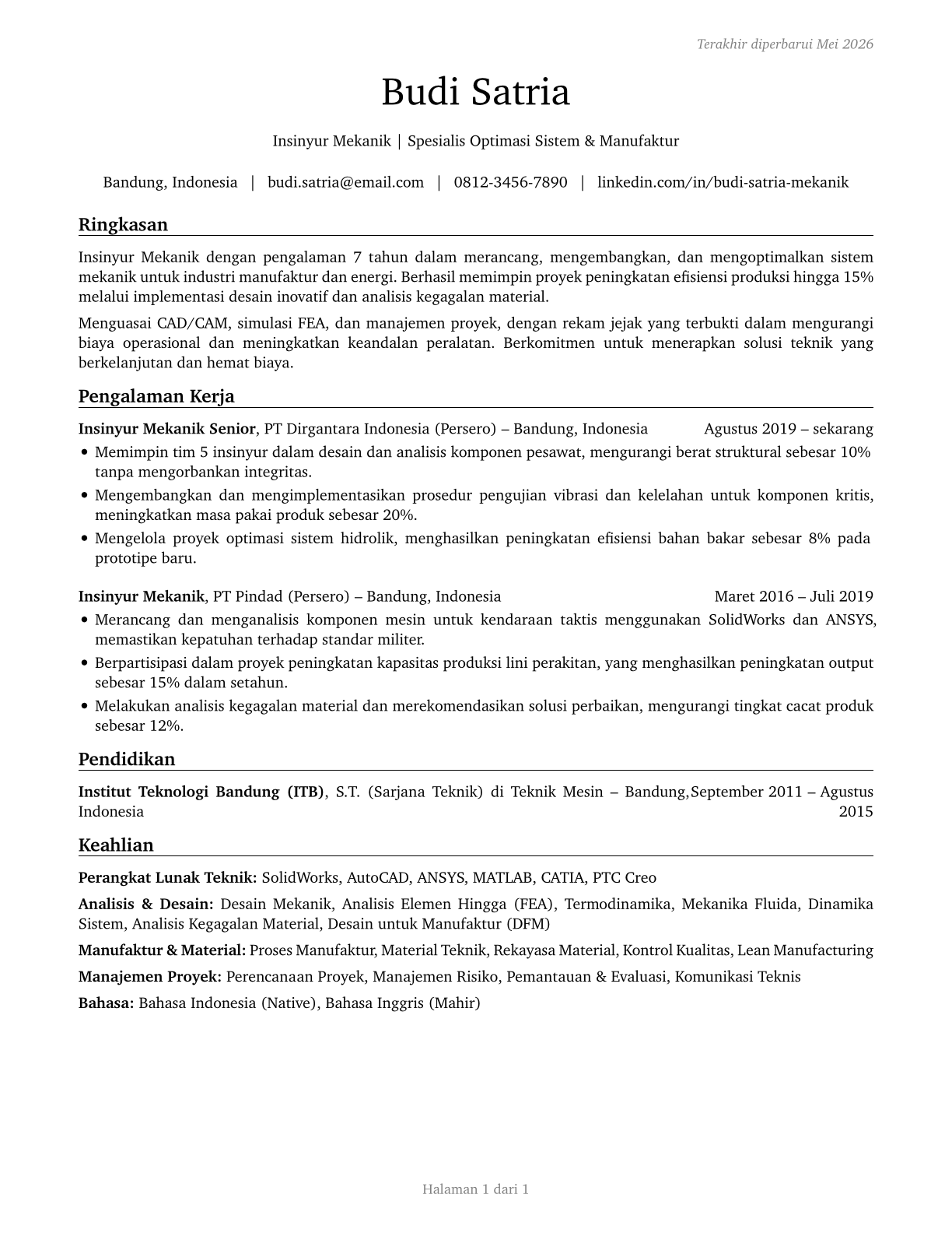 Mechanical Engineers CV in Indonesian — page 1