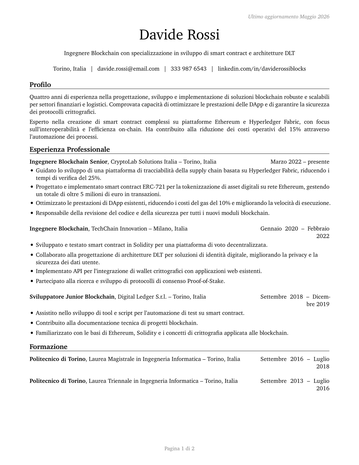 Blockchain Engineers CV in Italian — page 1