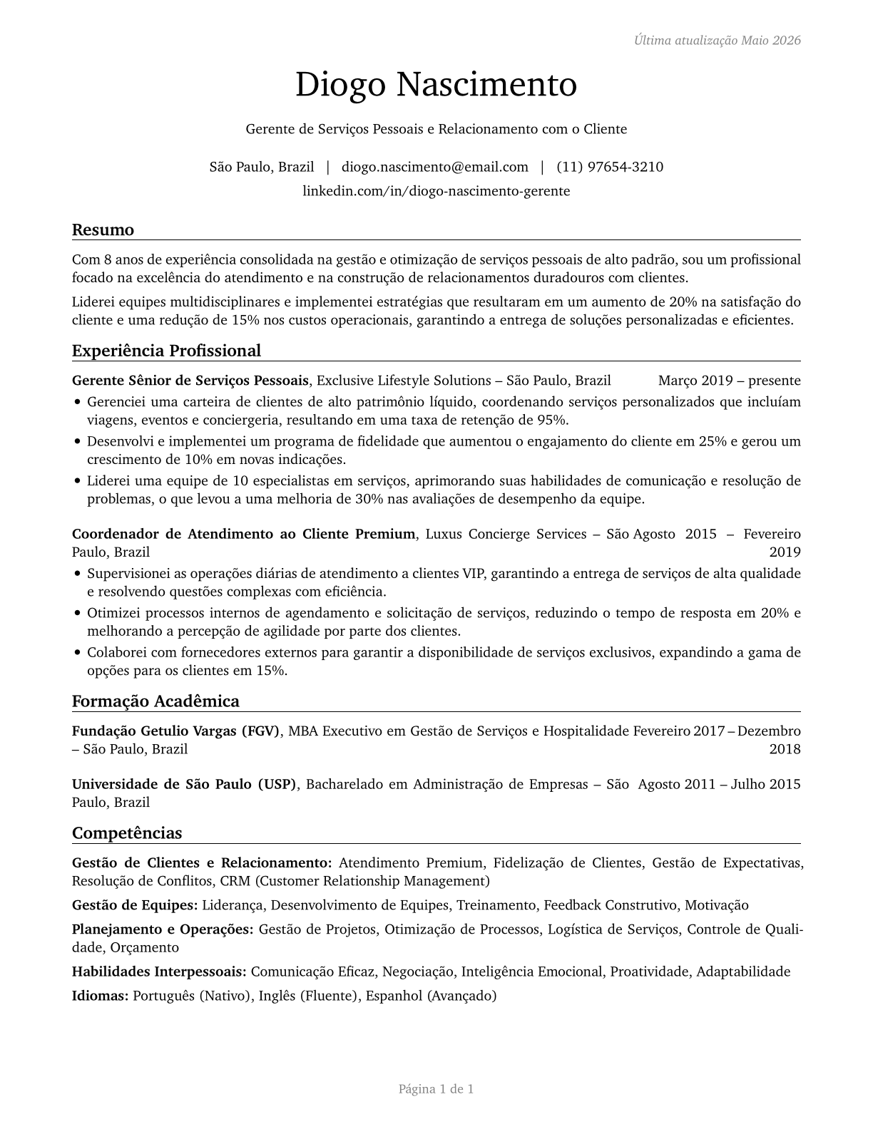 Personal Service Managers, All Other CV in Portuguese — page 1