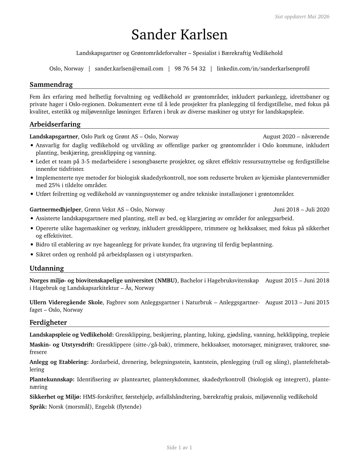 Landscaping and Groundskeeping Workers CV in Norwegian_bokmal — page 1