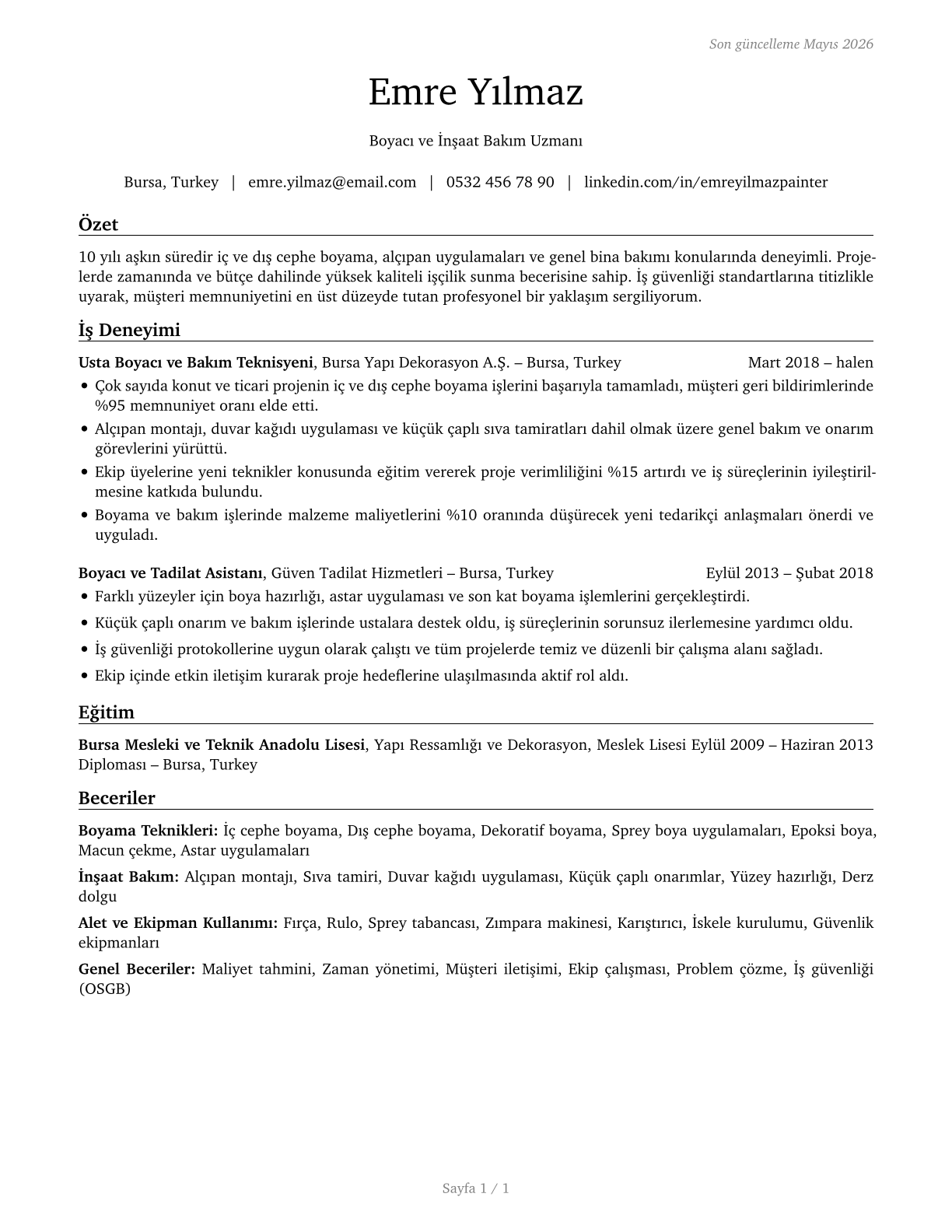 Painters, Construction and Maintenance CV in Turkish — page 1