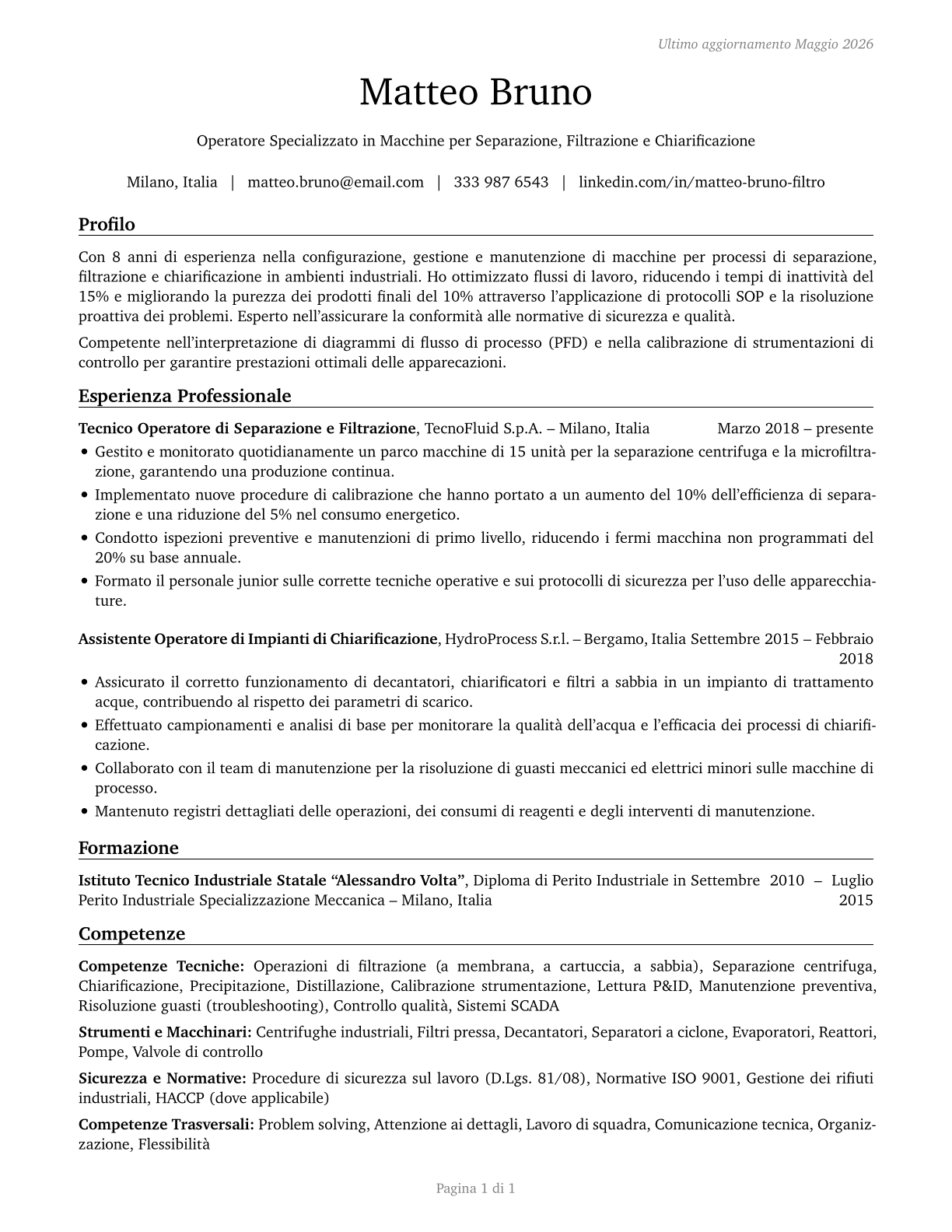 Separating, Filtering, Clarifying, Precipitating, and Still Machine Setters, Operators, and Tenders CV in Italian — page 1