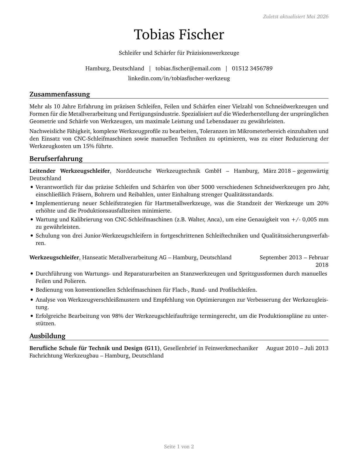 Tool Grinders, Filers, and Sharpeners CV in German — page 1
