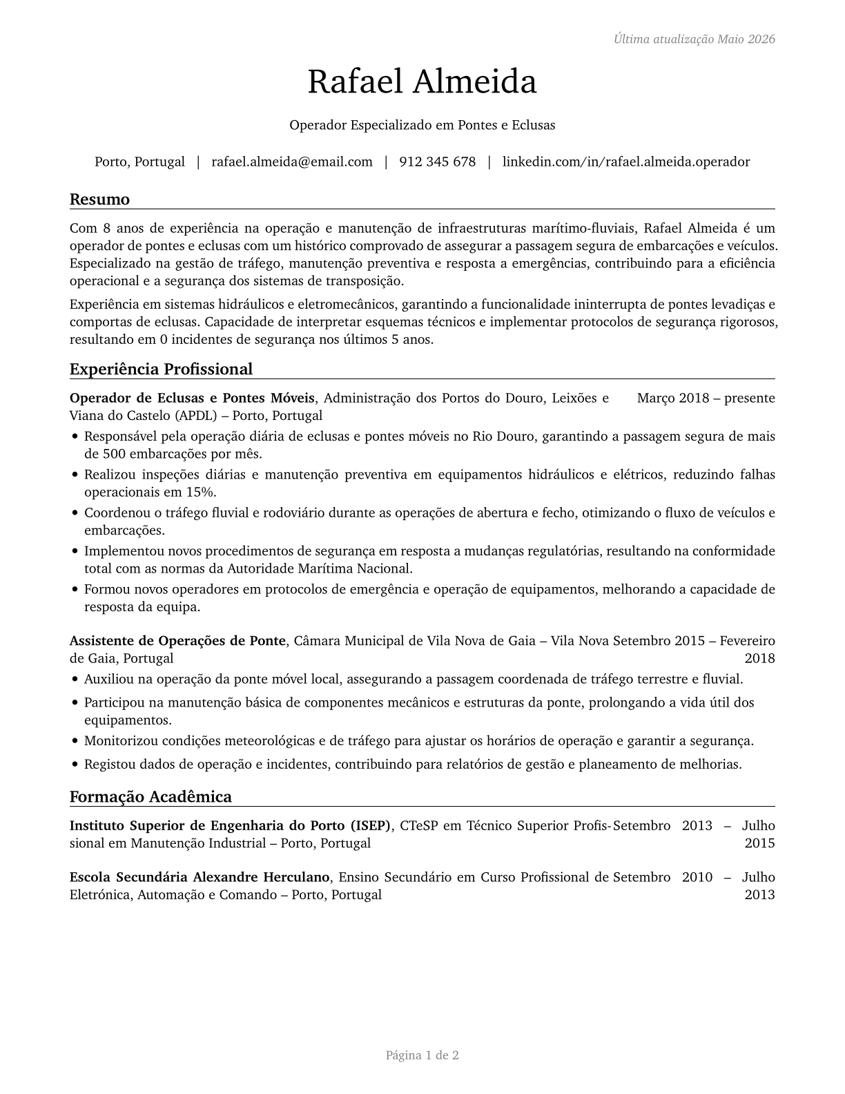 Bridge and Lock Tenders CV in Portuguese — page 1