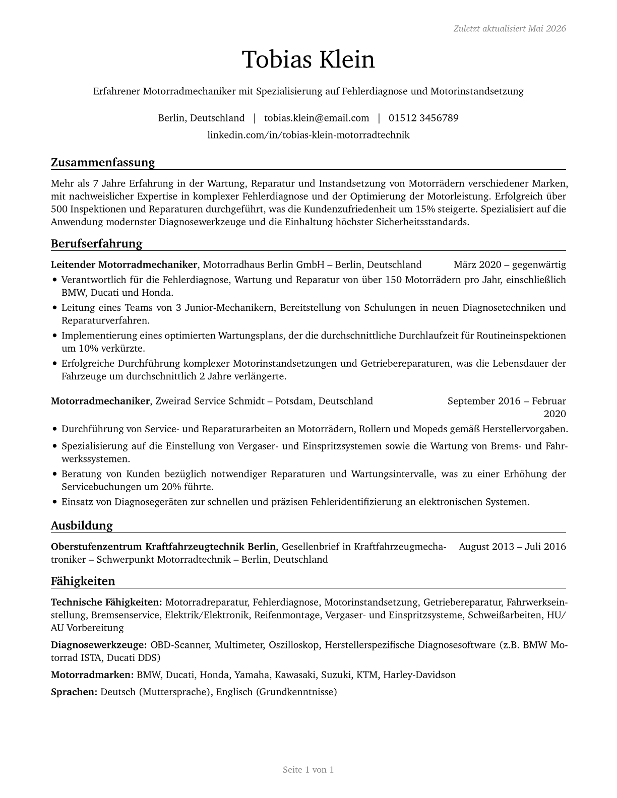 Motorcycle Mechanics CV in German — page 1