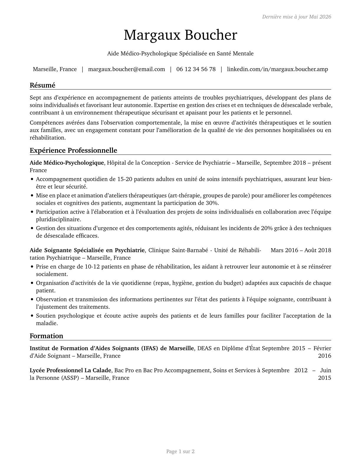 Psychiatric Aides CV in French — page 1