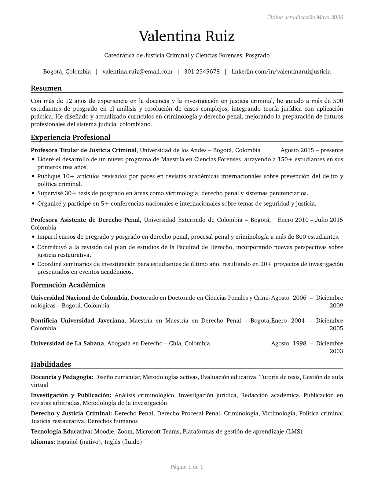 Criminal Justice and Law Enforcement Teachers, Postsecondary CV in Spanish — page 1