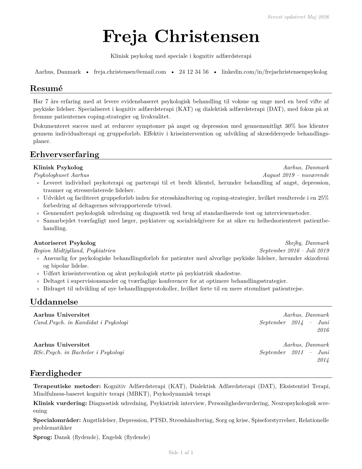 Clinical and Counseling Psychologists CV in Danish — page 1