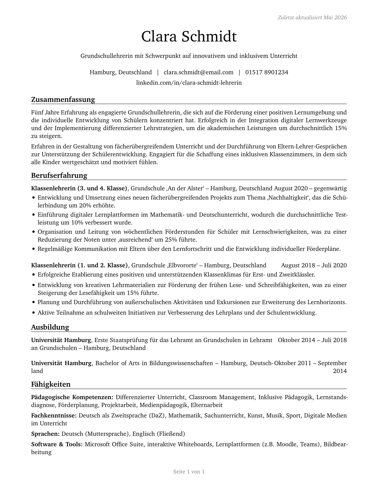Elementary School Teachers, Except Special Education CV in German — page 1