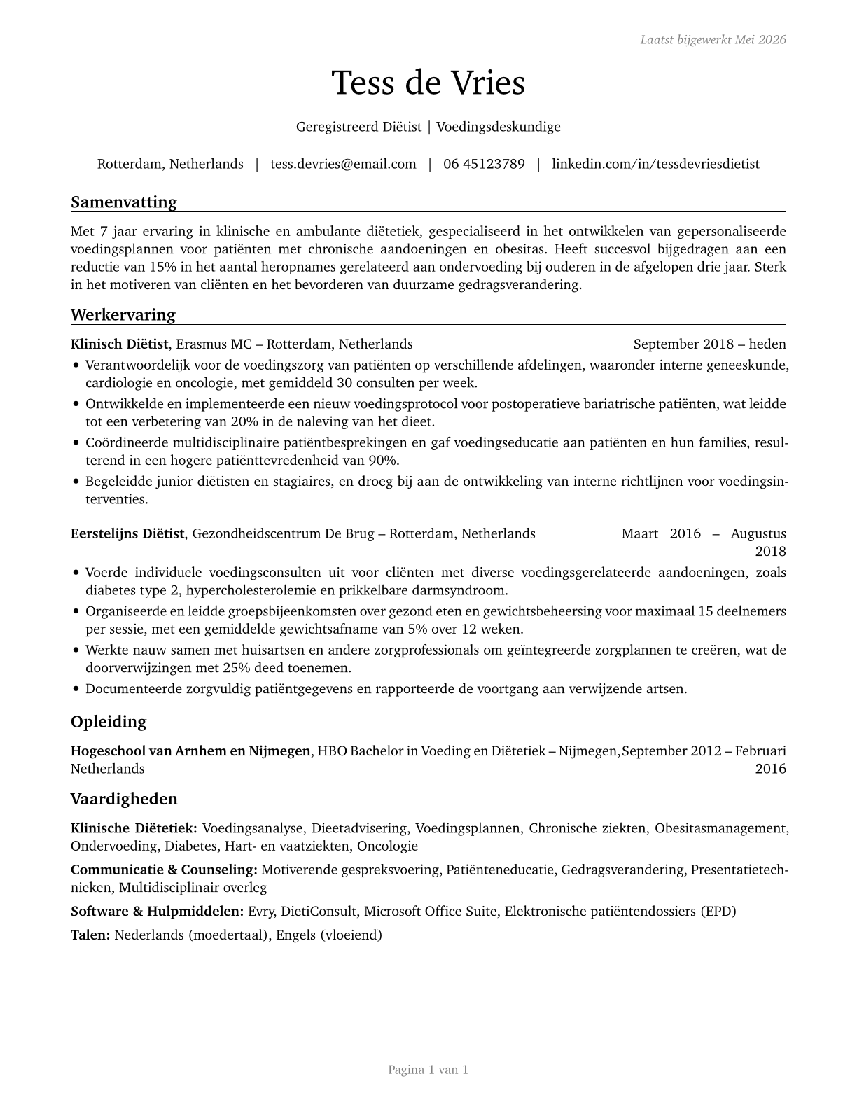 Dietitians and Nutritionists CV in Dutch — page 1