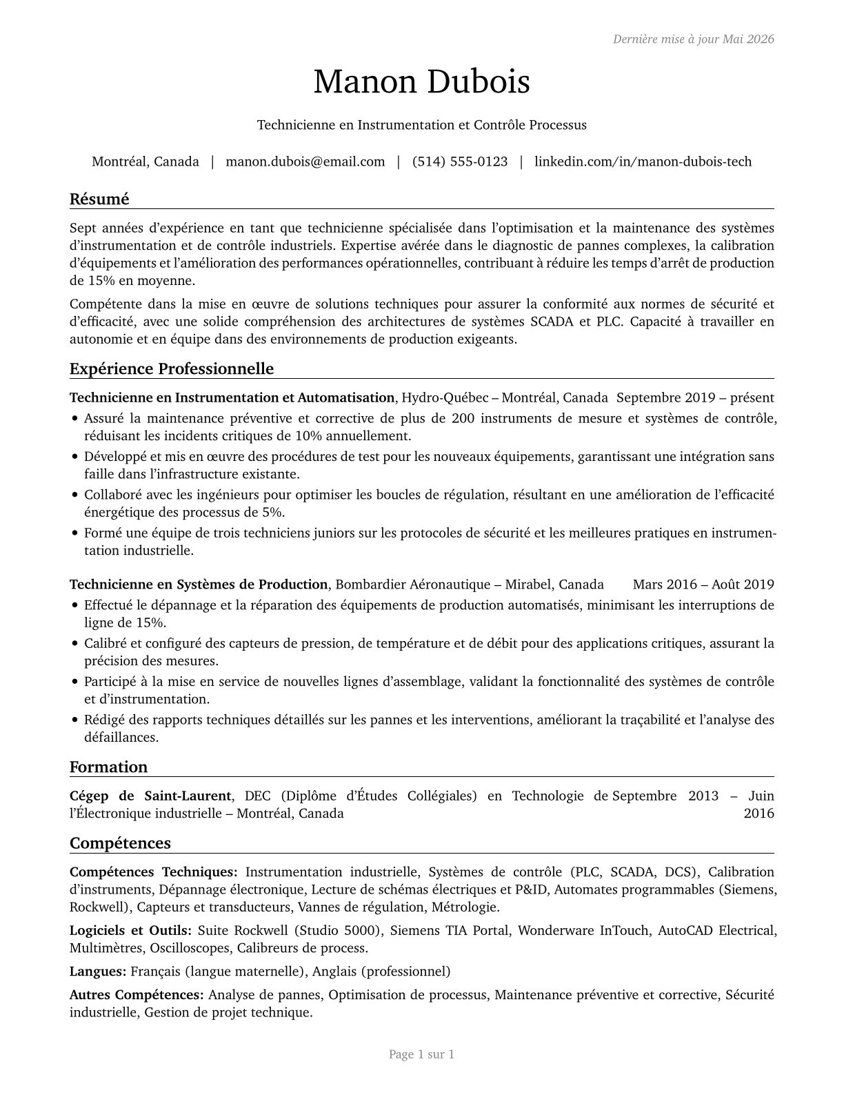 Engineering Technologists and Technicians, Except Drafters, All Other CV in French — page 1