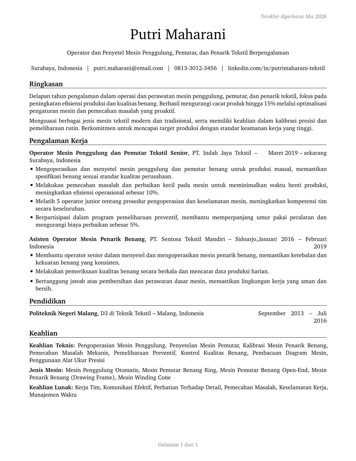 Textile Winding, Twisting, and Drawing Out Machine Setters, Operators, and Tenders CV in Indonesian — page 1