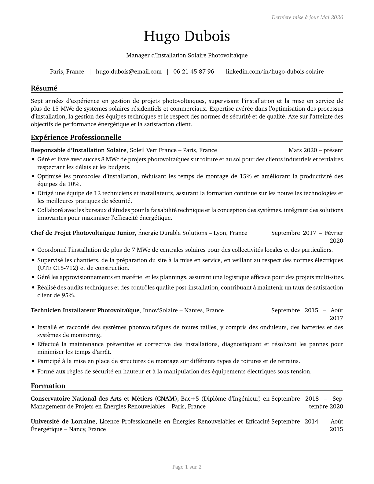 Solar Energy Installation Managers CV in French — page 1