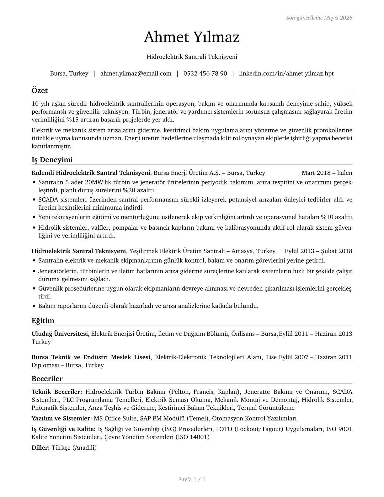 Hydroelectric Plant Technicians CV in Turkish — page 1