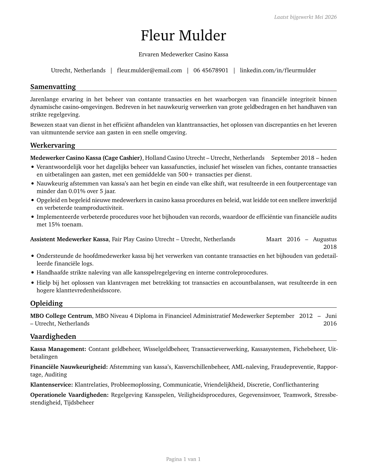 Gambling Cage Workers CV in Dutch — page 1