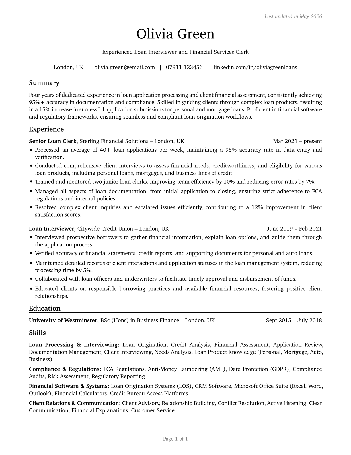 Loan Interviewers and Clerks CV in English — page 1