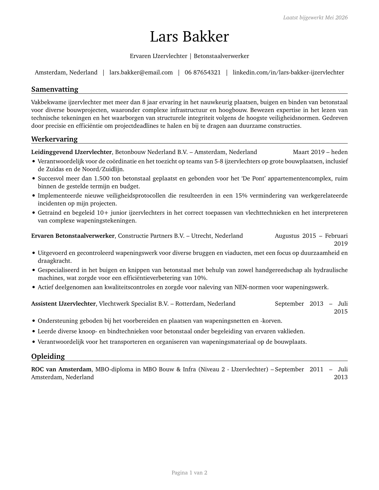 Reinforcing Iron and Rebar Workers CV in Dutch — page 1