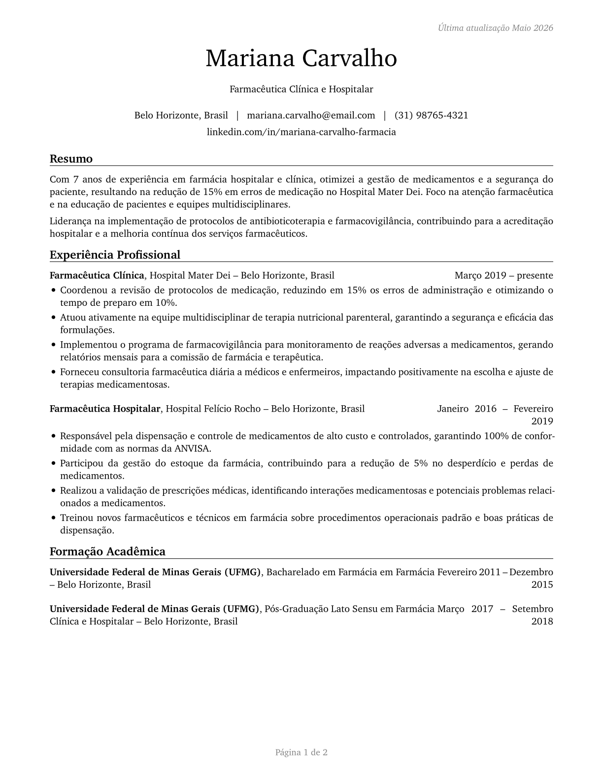 Pharmacists CV in Portuguese — page 1
