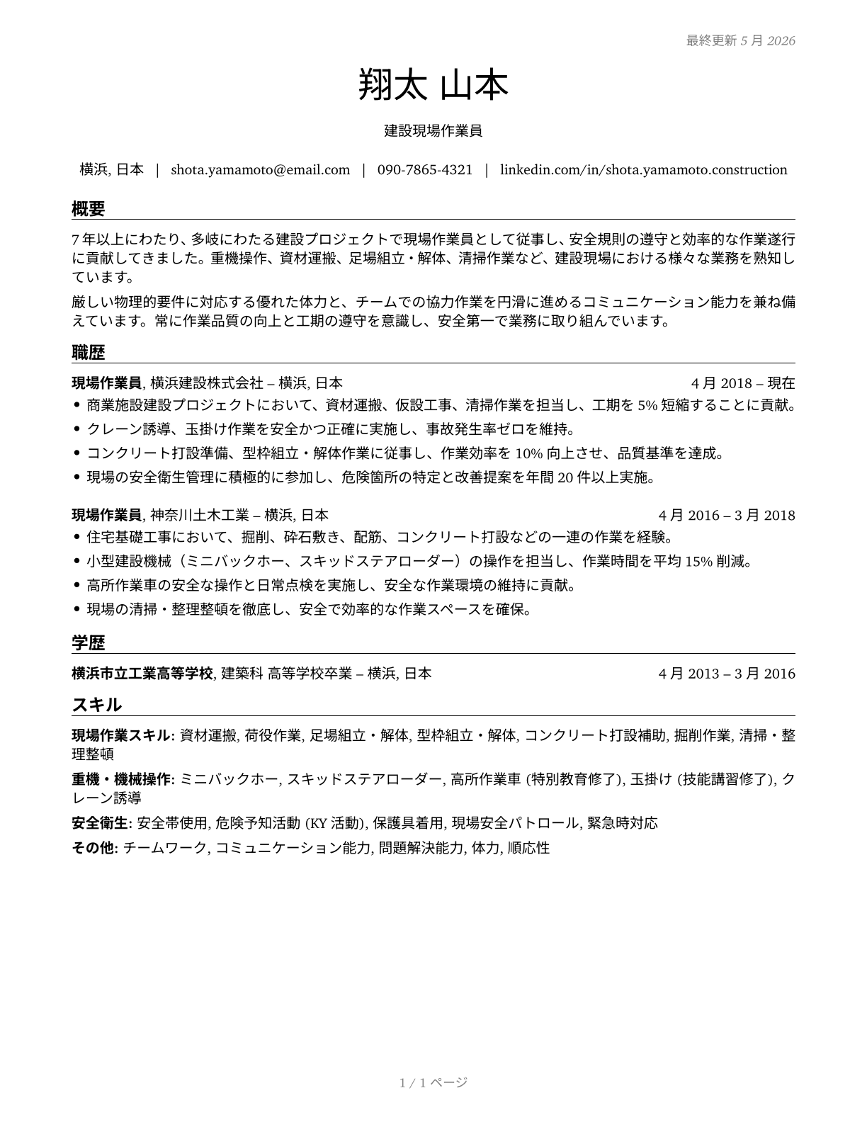 Construction Laborers CV in Japanese — page 1