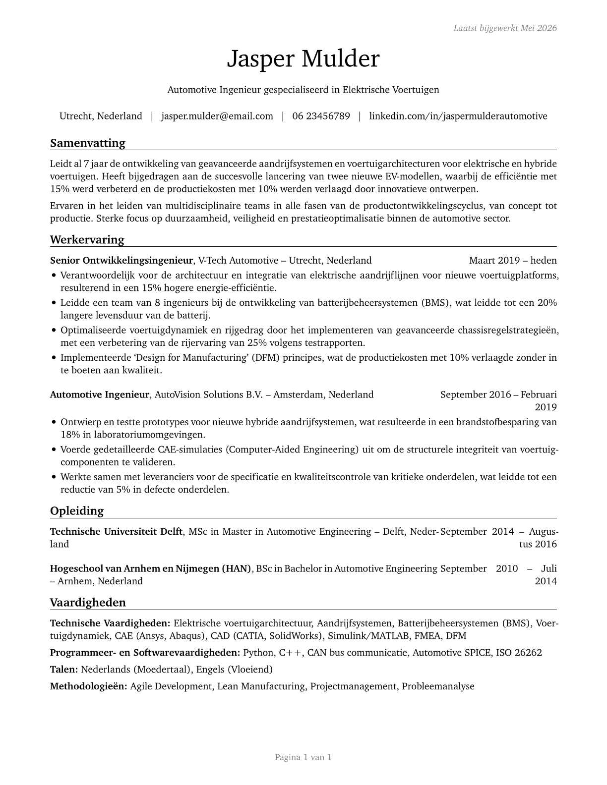 Automotive Engineers CV in Dutch — page 1