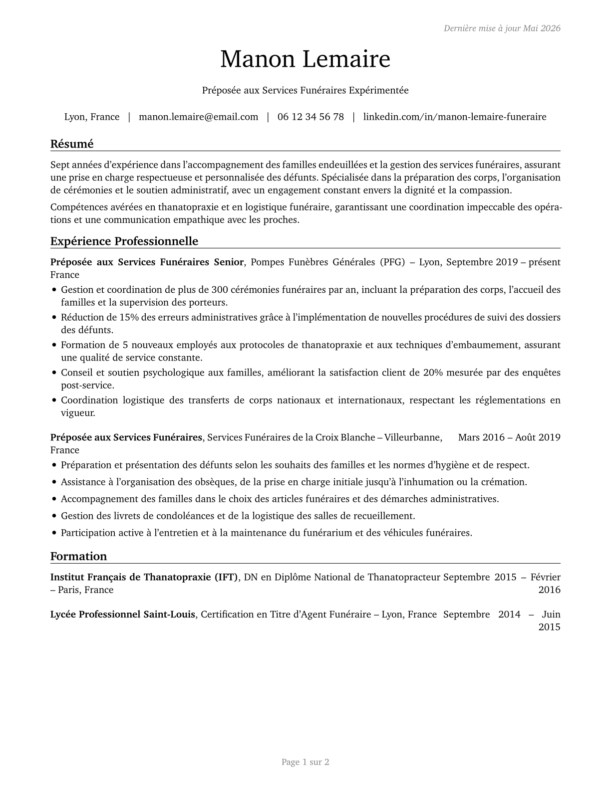 Funeral Attendants CV in French — page 1