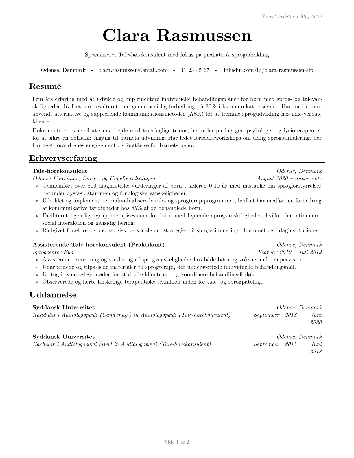 Speech-Language Pathologists CV in Danish — page 1