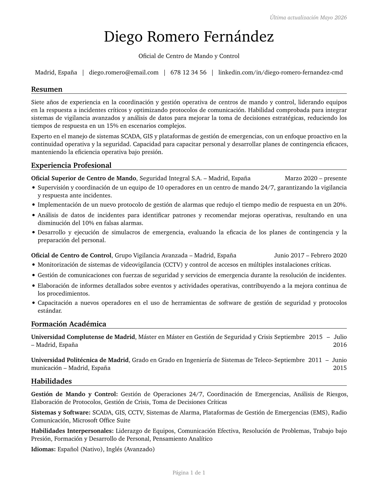 Command and Control Center Officers CV in Spanish — page 1
