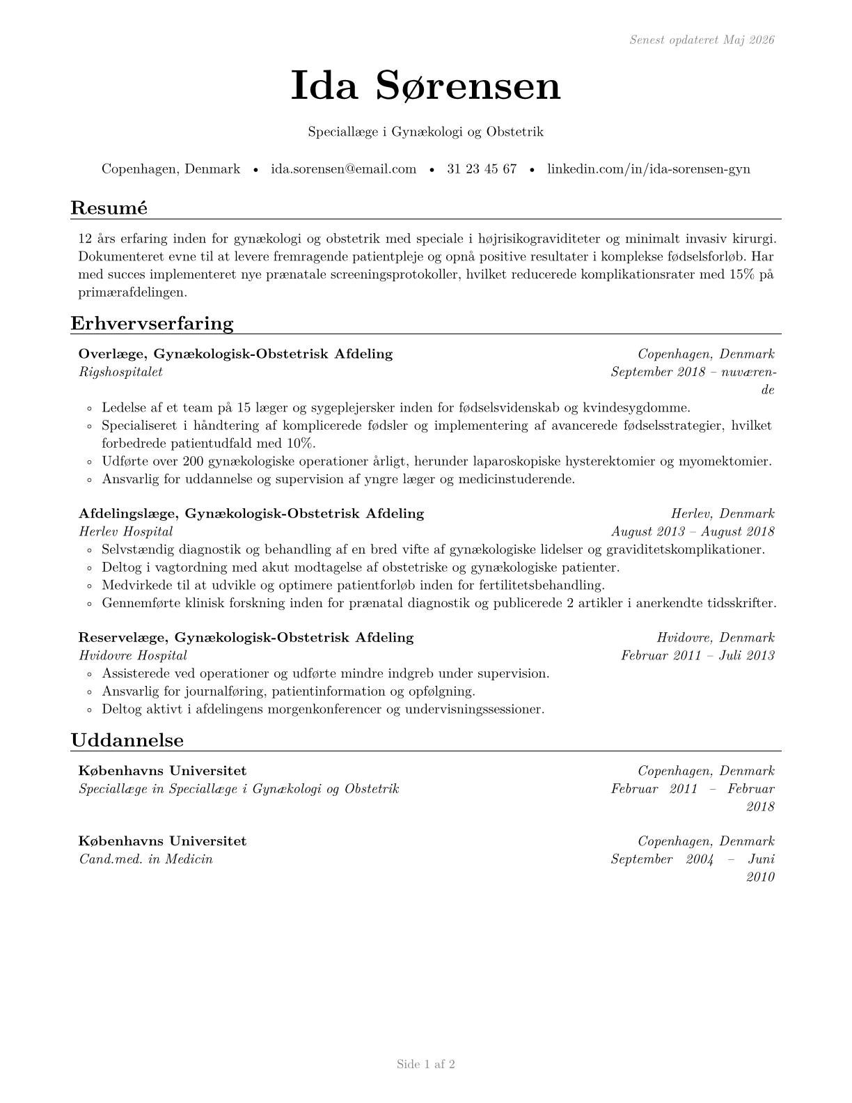 Obstetricians and Gynecologists CV in Danish — page 1
