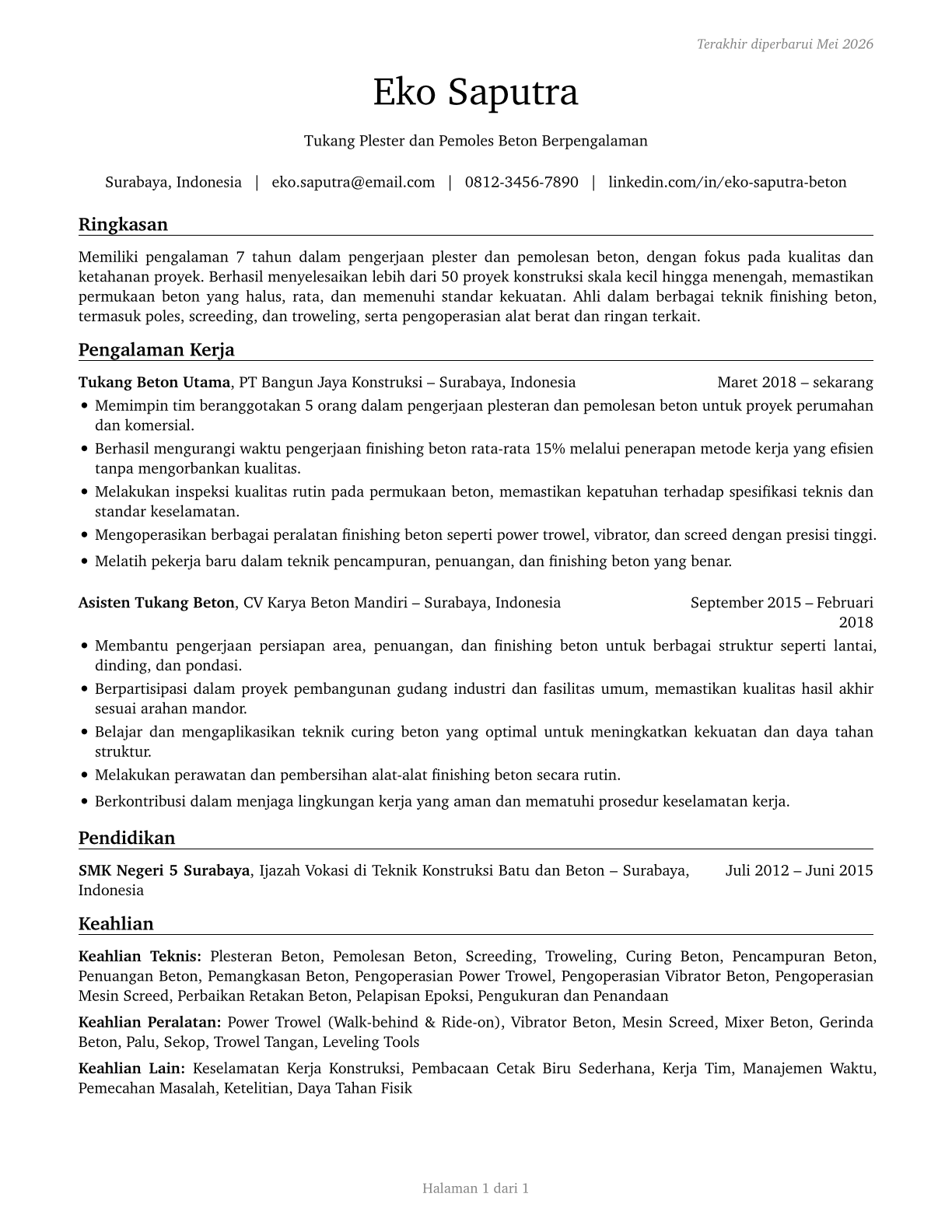 Cement Masons and Concrete Finishers CV in Indonesian — page 1