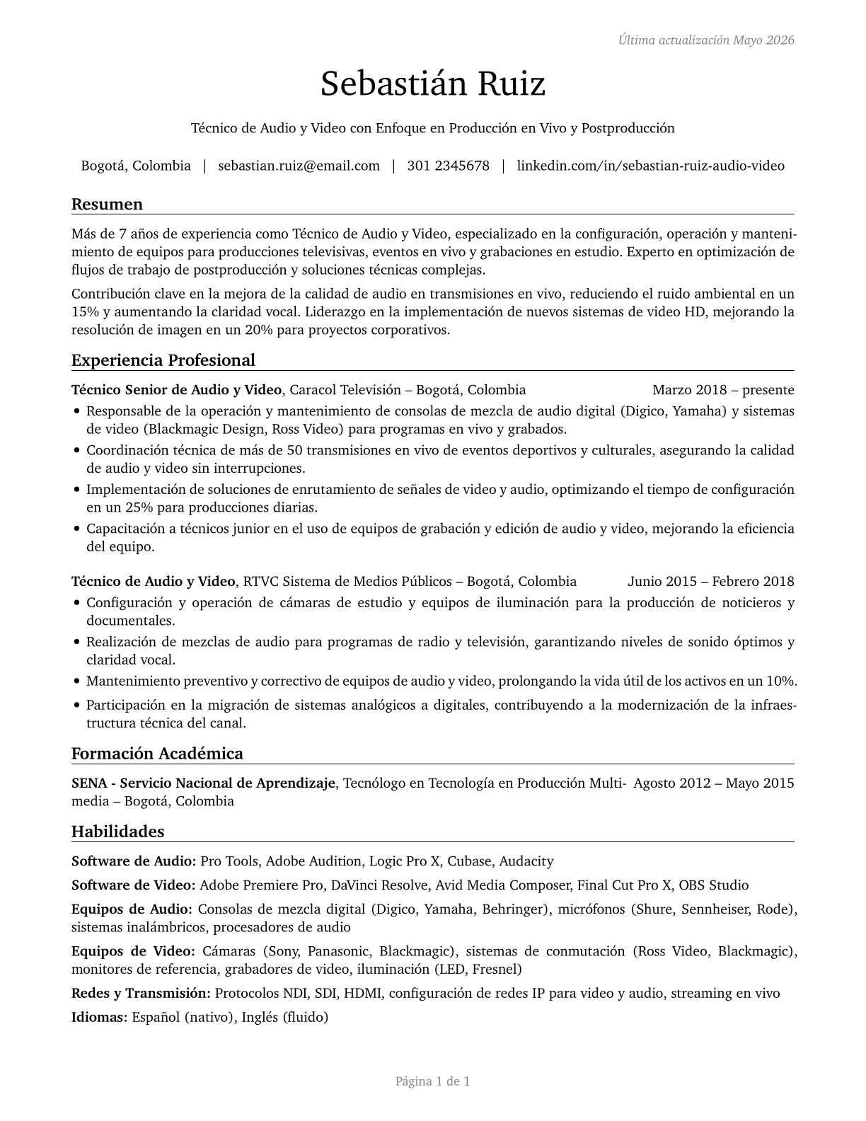 Audio and Video Technicians CV in Spanish — page 1