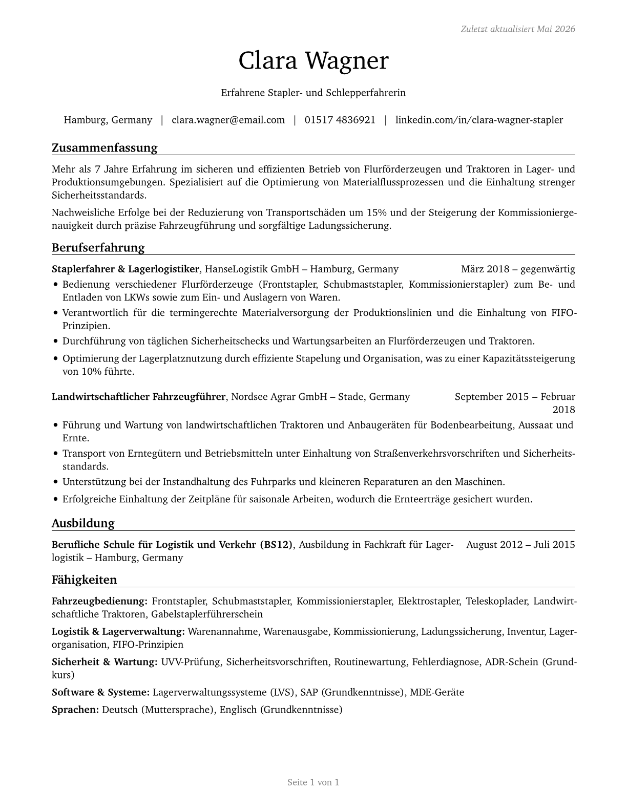 Industrial Truck and Tractor Operators CV in German — page 1