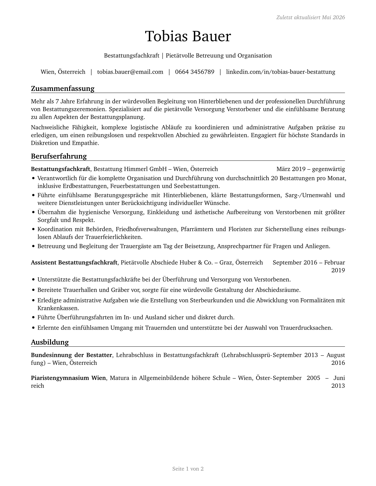 Funeral Attendants CV in German — page 1