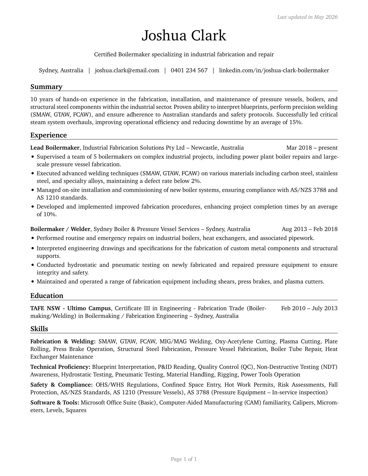 Boilermakers CV in English — page 1
