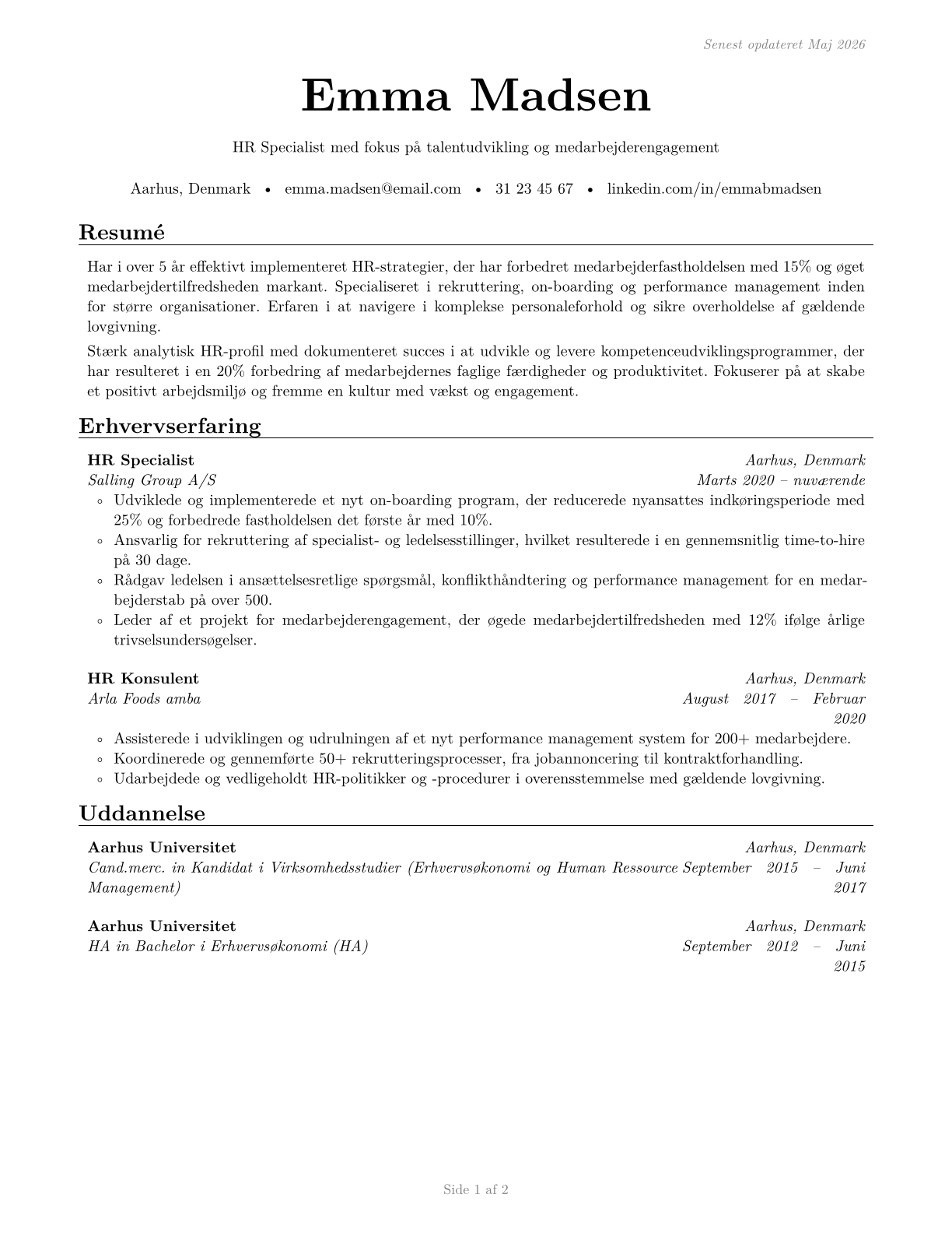 Human Resources Specialists CV in Danish — page 1
