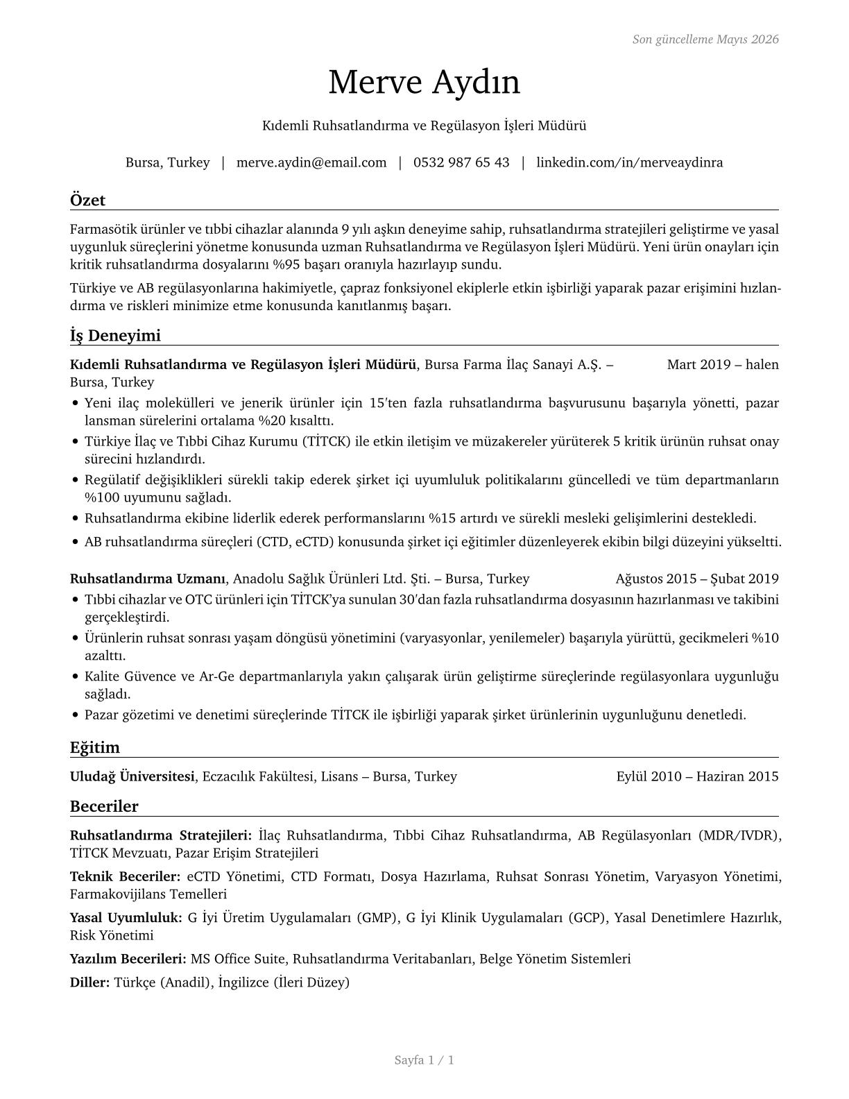Regulatory Affairs Managers CV in Turkish — page 1