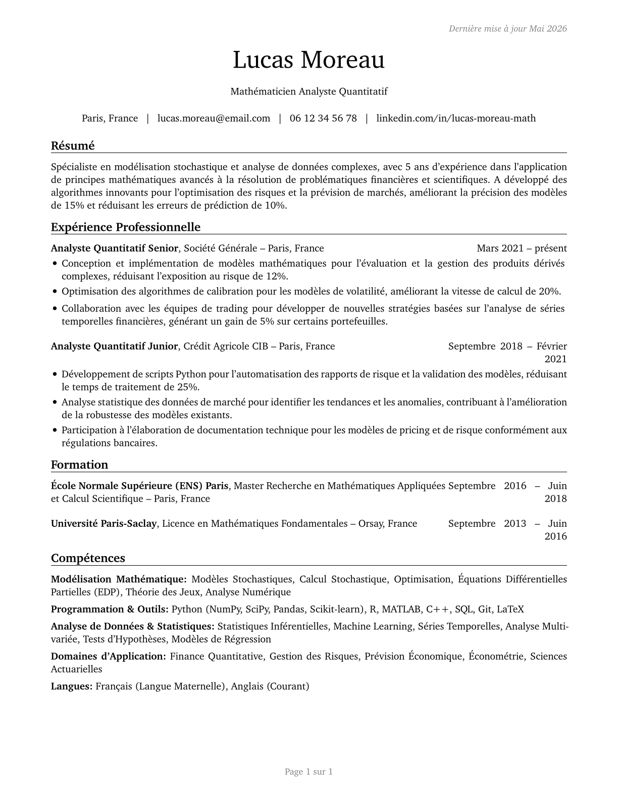 Mathematical Science Occupations, All Other CV in French — page 1